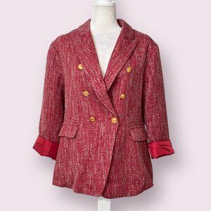 ELLEVEN Red Tweed Blazer Gold Button Lined Double Breasted Jacket Size XL